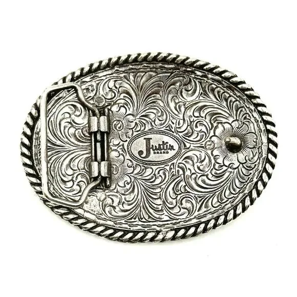 Justin Brand Western Belt Buckle 4'' x 3" Silver Color Floral Rodeo - Picture 2 of 6